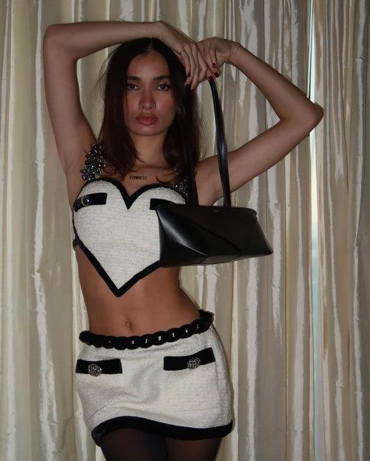 AREA Heart Embellished Bouclé Crop Top + Mini Skirt