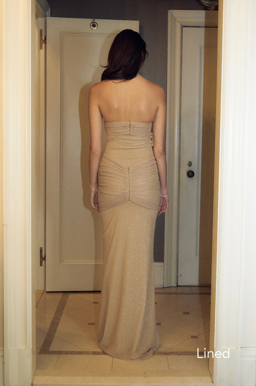 fornarina tan organza mesh maxi dress 'Fornarina' Tan Gathered Stretch Mesh Maxi Dress